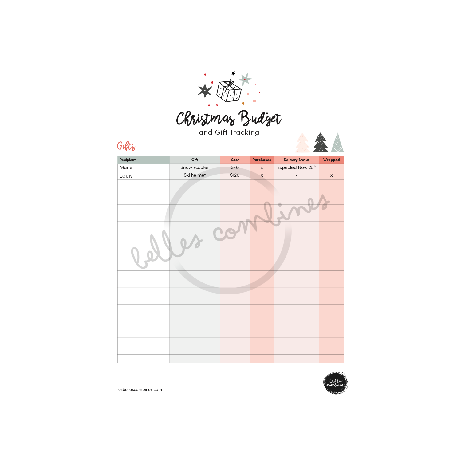 English version of an example of the christmas budget and gift tracking filled made by Les Belles Combines
