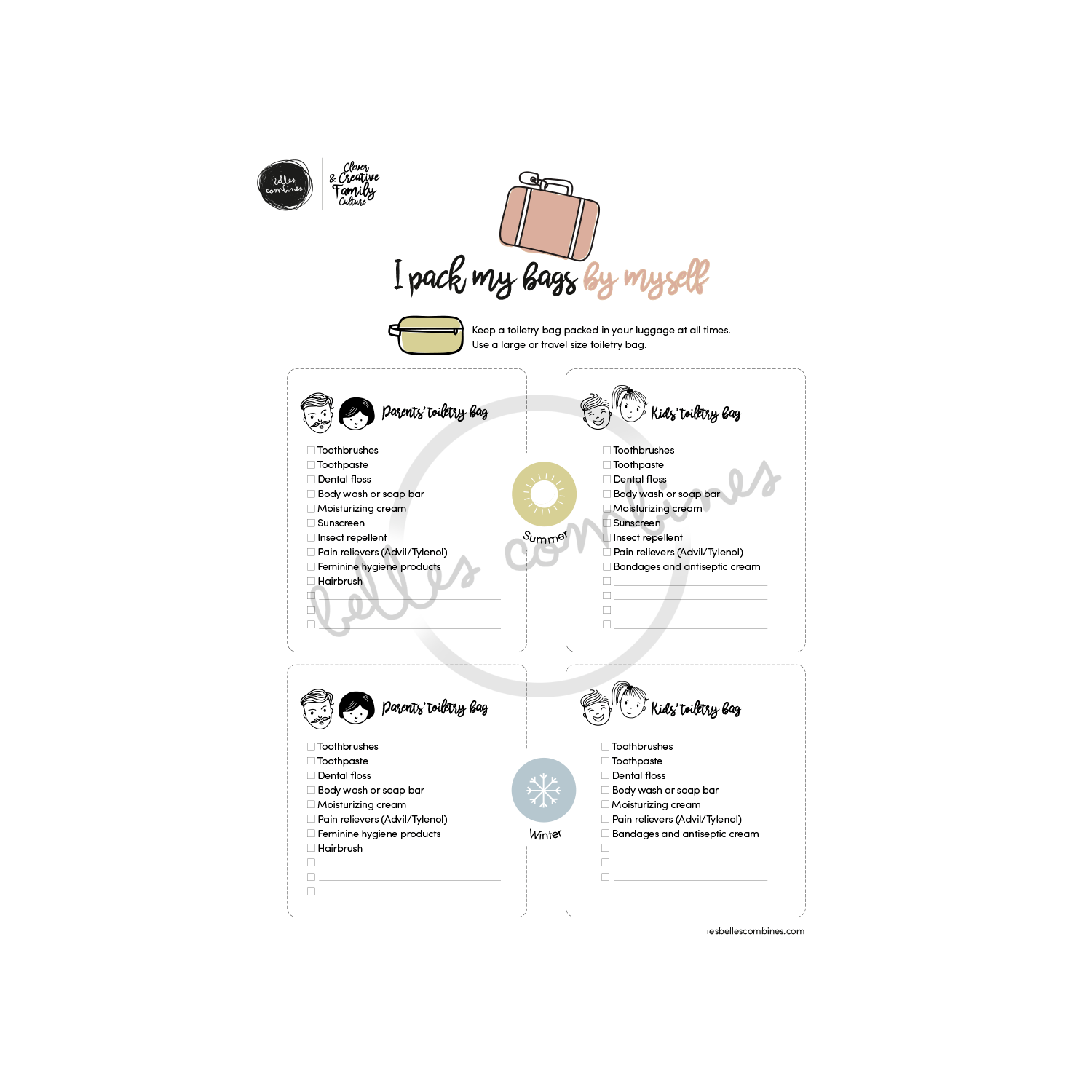 English version of the I pack by bags by myself document to print made by Les Belles Combines