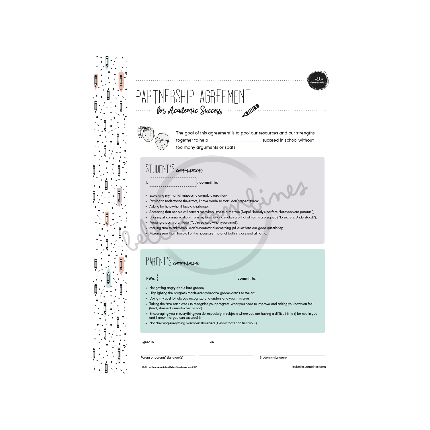 English version of the partnership agreement for academic success document made by Les Belles Combines