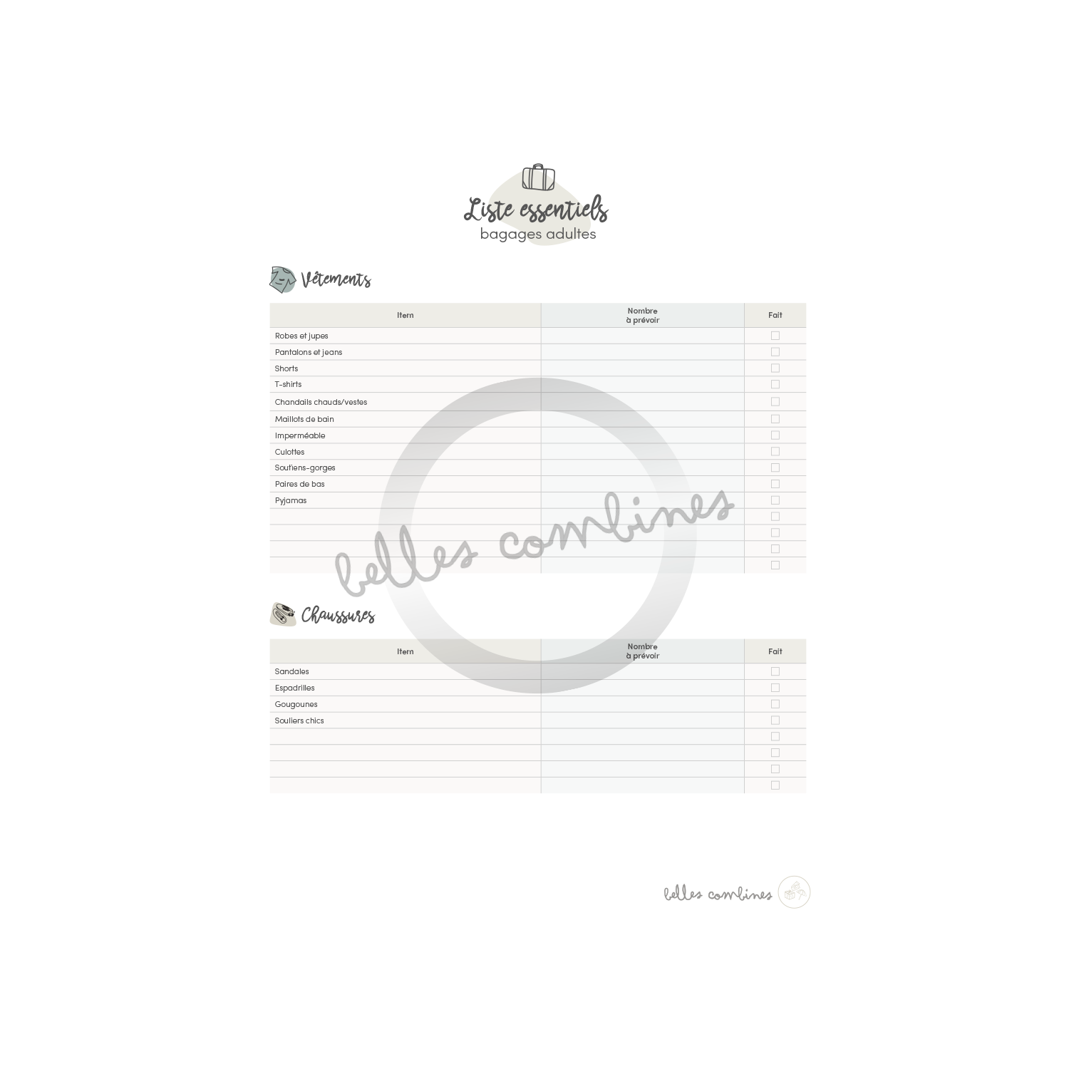 Liste de bagages pour adultes