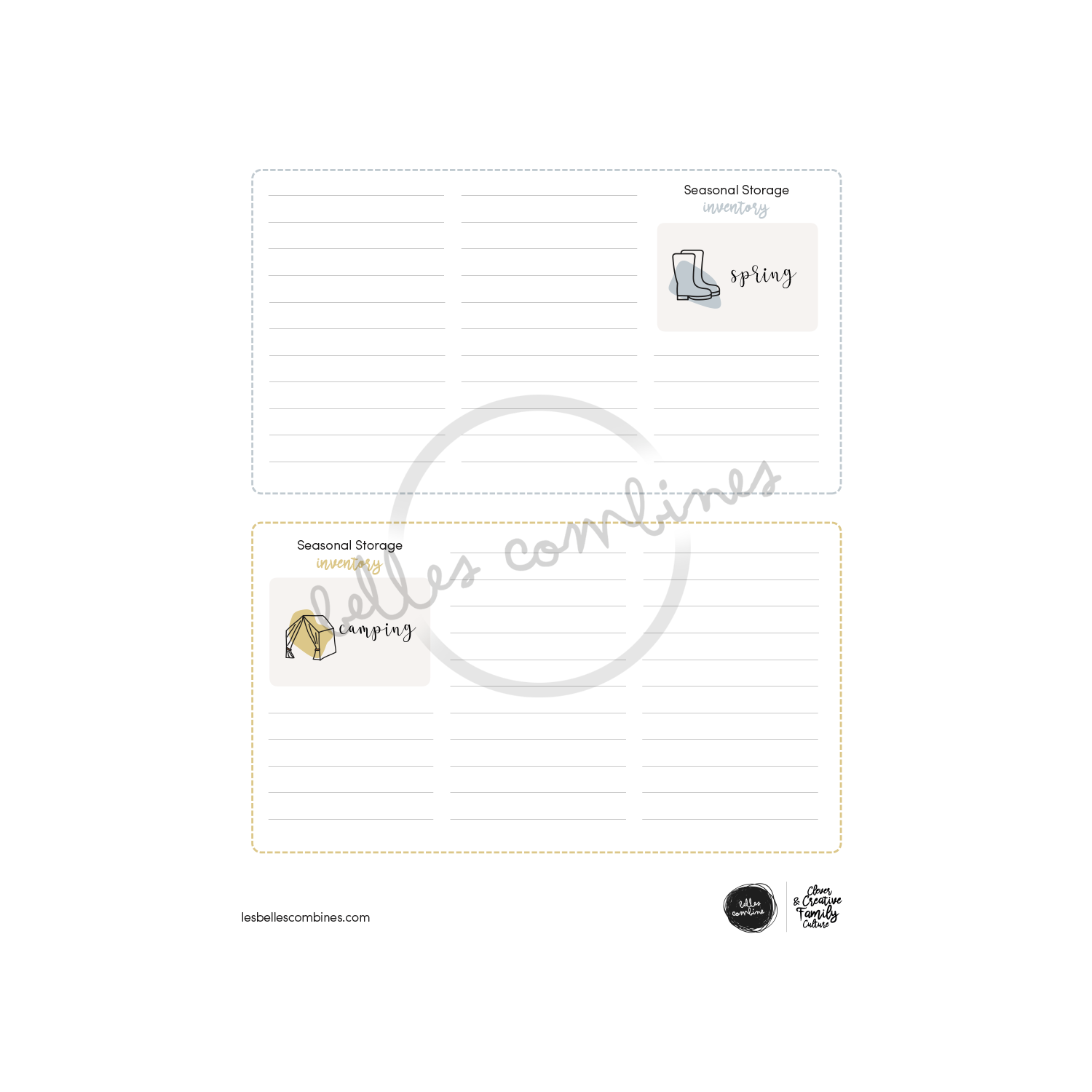 English version of the seasonal storage inventory document to print made by Les Belles Combines