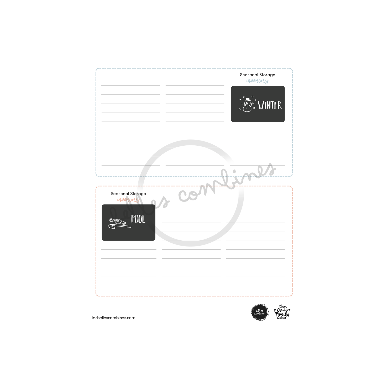 English version of the seasonal storage inventory document to print made by Les Belles Combines