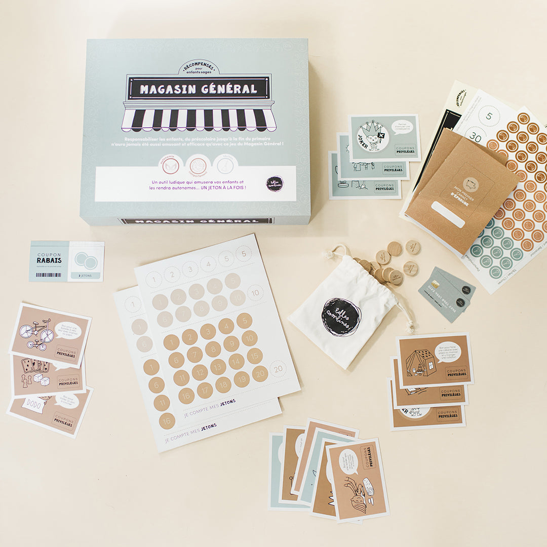 Version française du Magasin Général, un système de motivation et récompense par Les Belles Combines - Ensemble de la boite avec emballage
