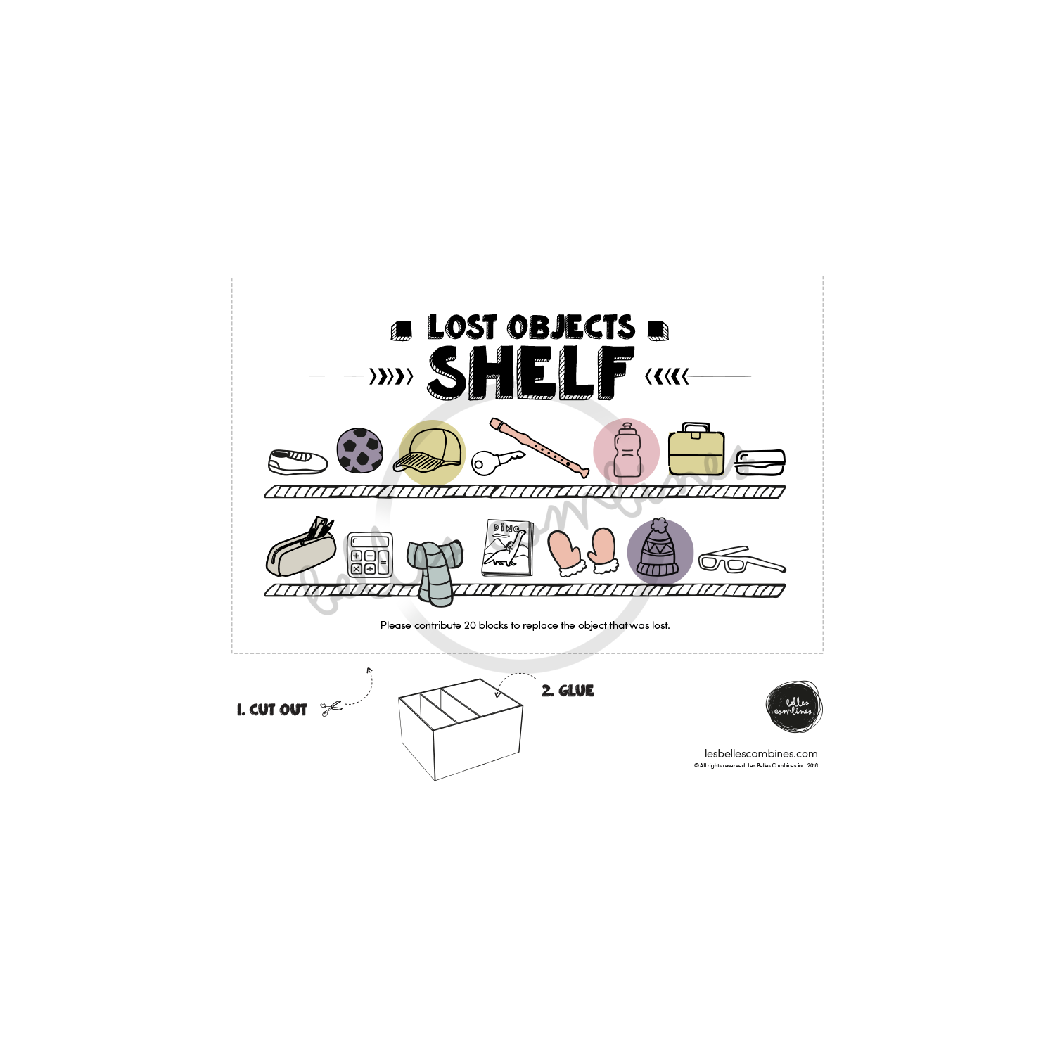 English version of the lost objects shelf for the general store Les Belles Combines