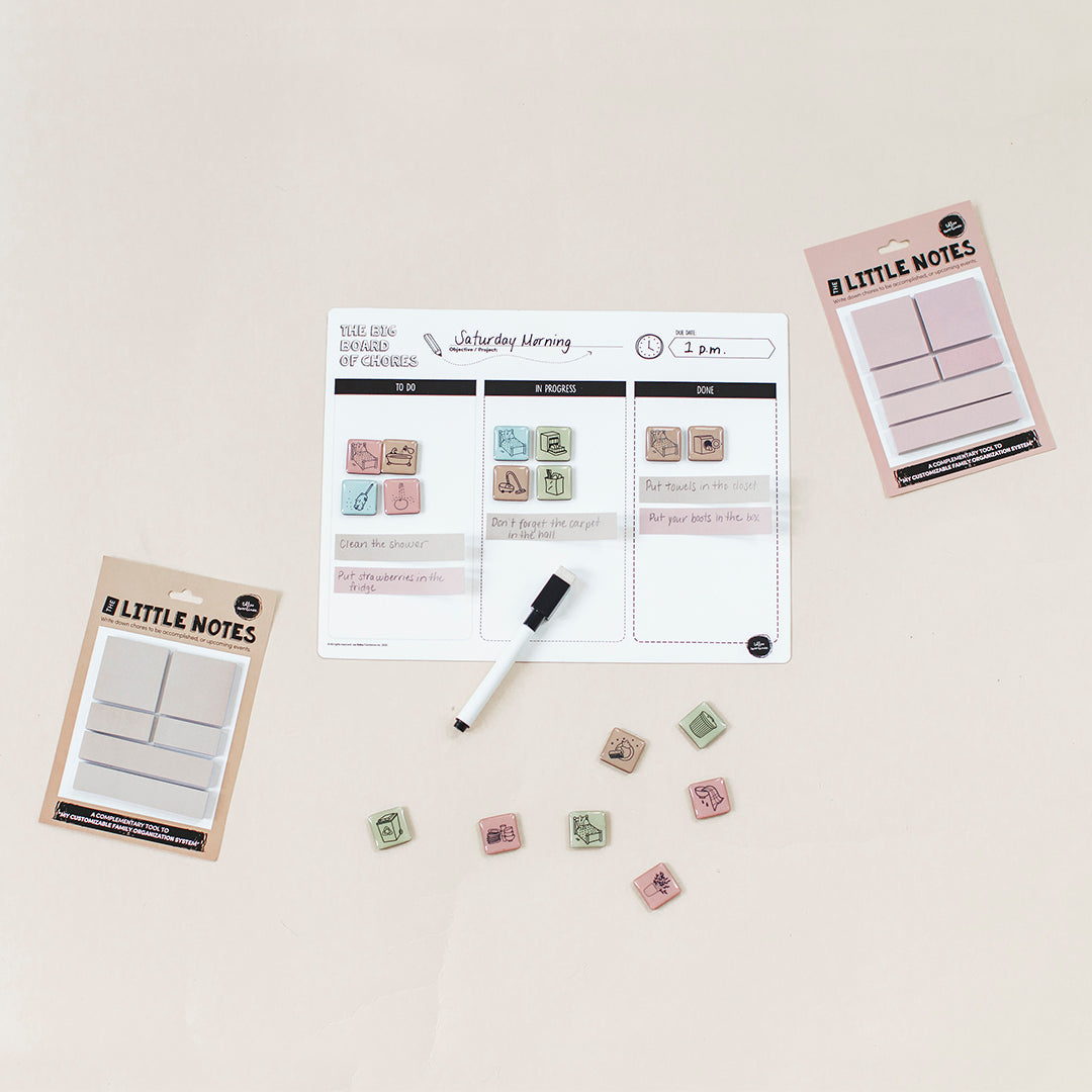 English version of the big board of chores use with sticky little notes by Les Belles Combines