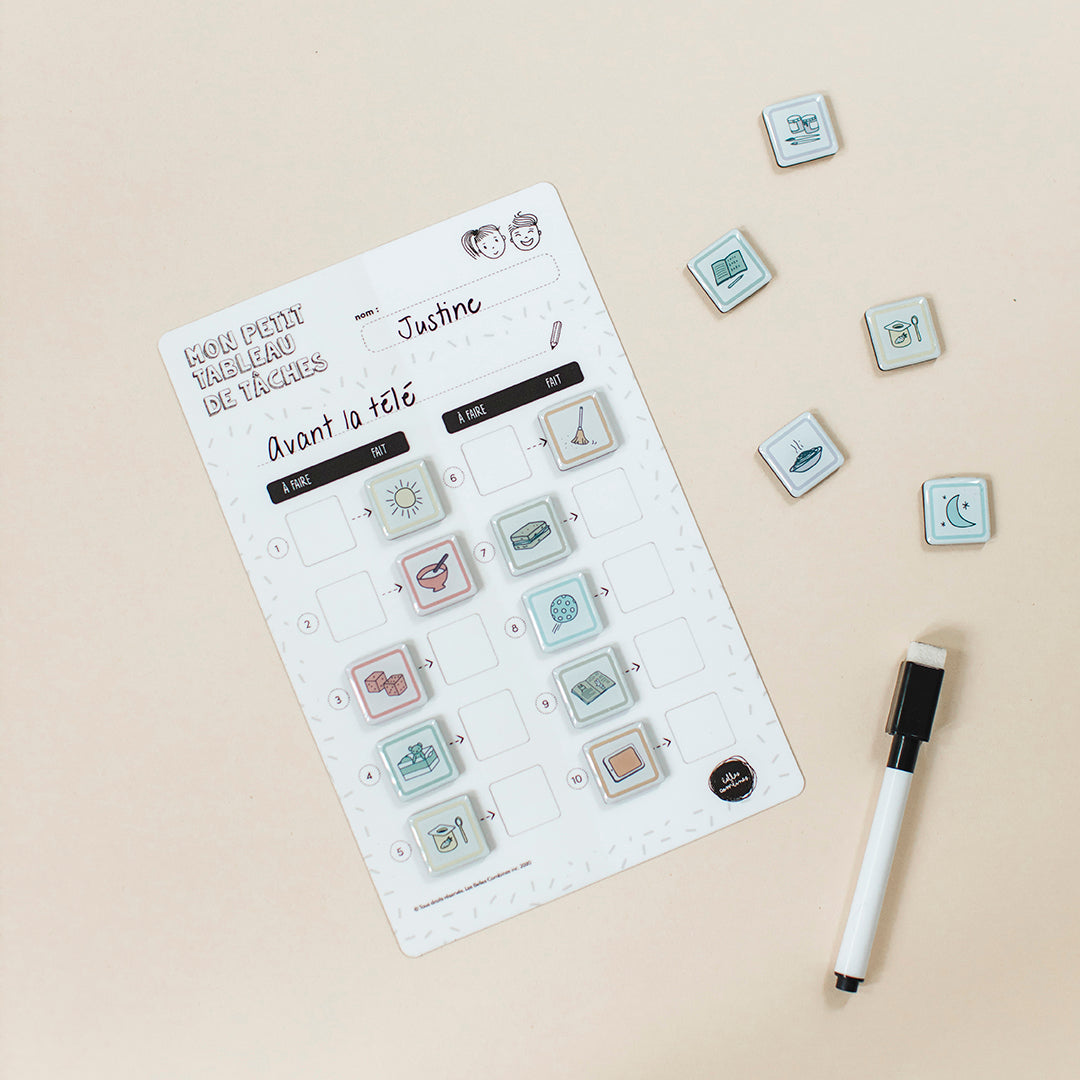 Version française du petit tableau de tâches aimanté en dix étapes avec crayon effaçable à sec utilisé avec des magnétos Les Belles Combines