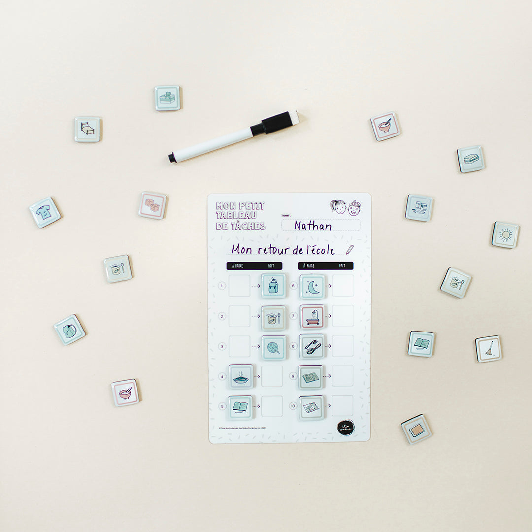 Version française du petit tableau de tâches aimanté en dix étapes avec crayon effaçable à sec utilisé avec des magnétos Les Belles Combines