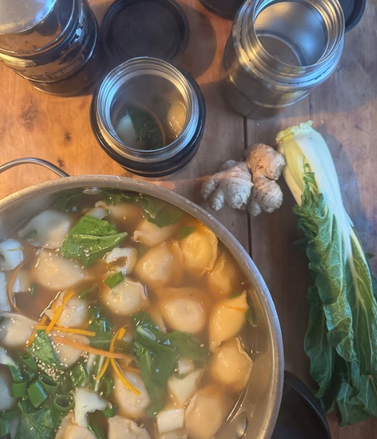 Soupe asiatique aux dumplings pour boîte à lunch