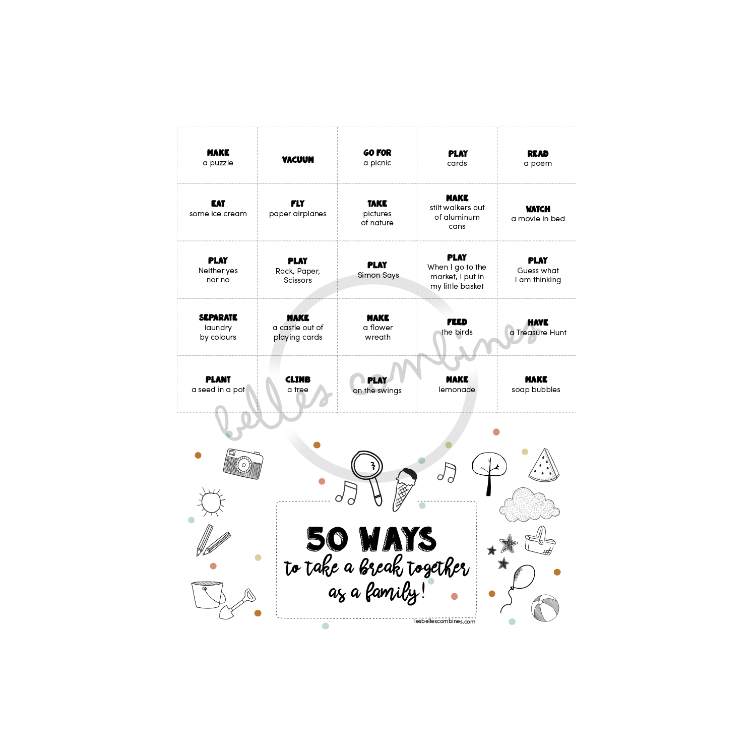 English version of 50 ways to take a break together as a family by Les Belles Combines