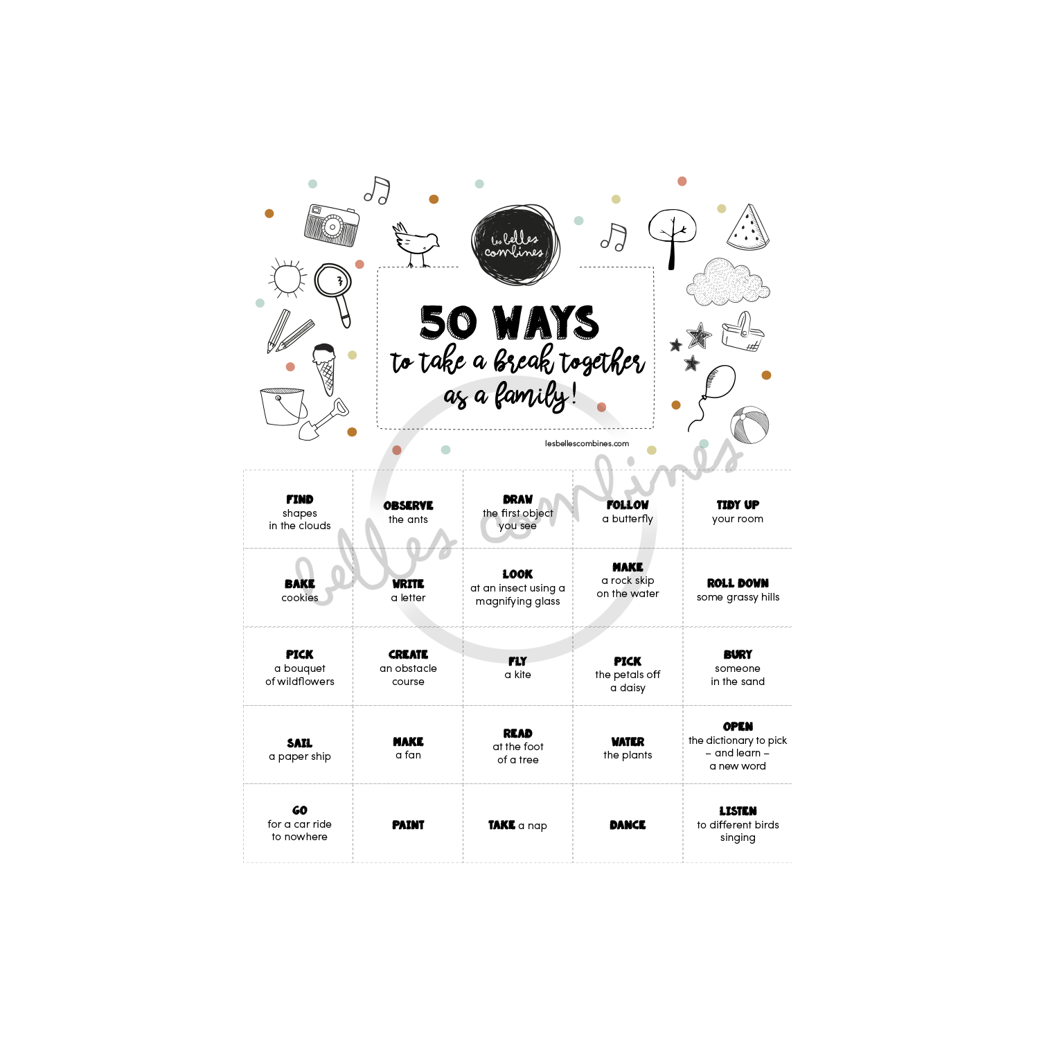 English version of 50 ways to take a break together as a family by Les Belles Combines