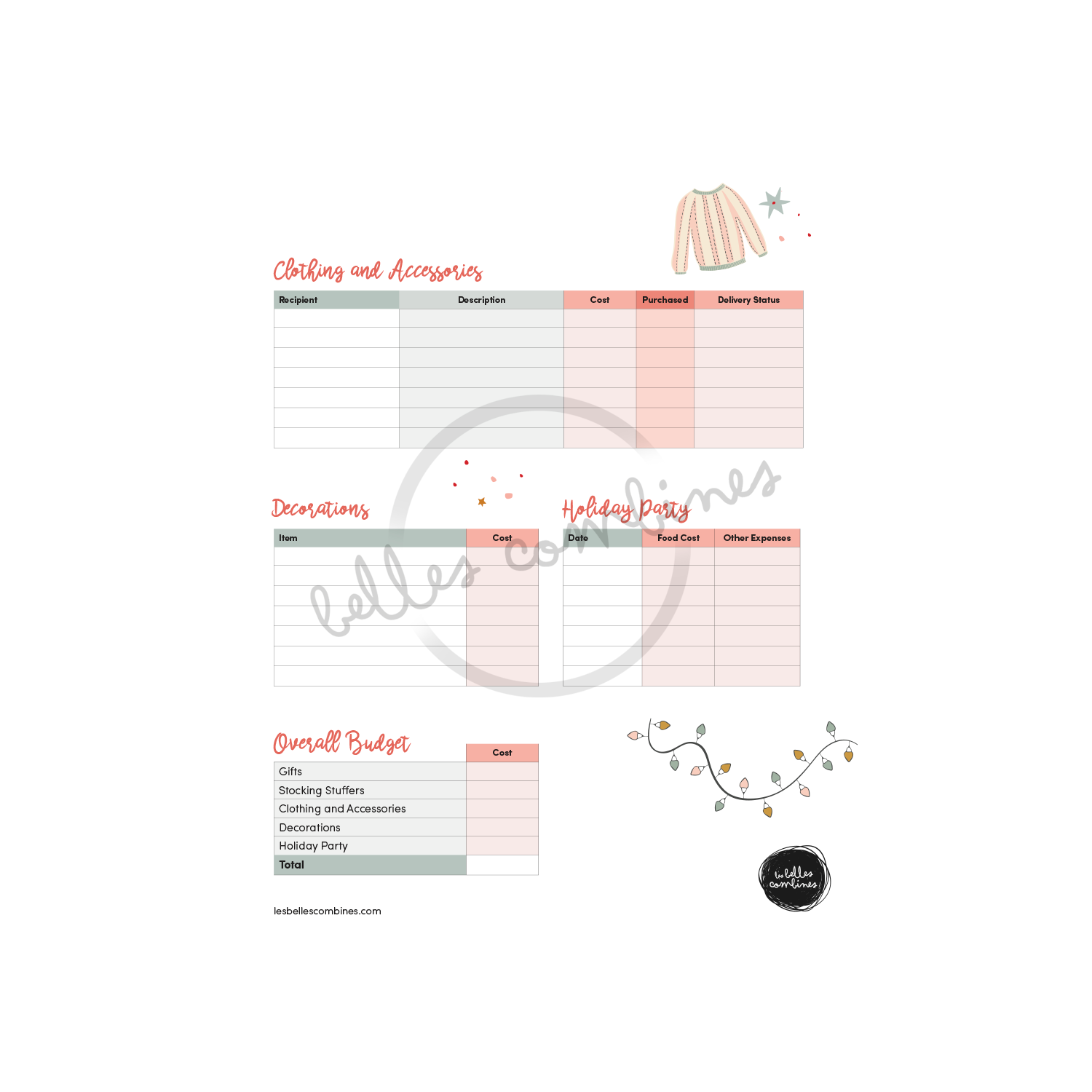 English version of the clothing and accessories, decorations, holiday party and overall budget section of the christmas budget and gift tracking document made by Les Belles Combines