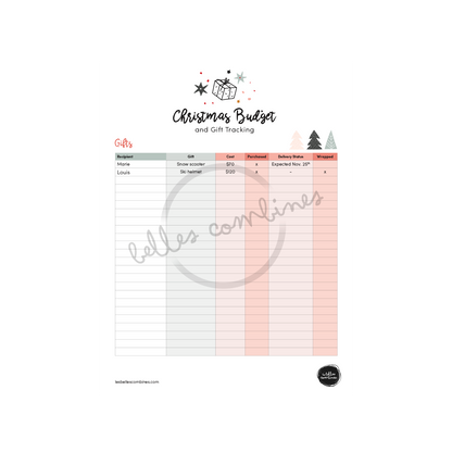 English version of an example of the christmas budget and gift tracking filled made by Les Belles Combines