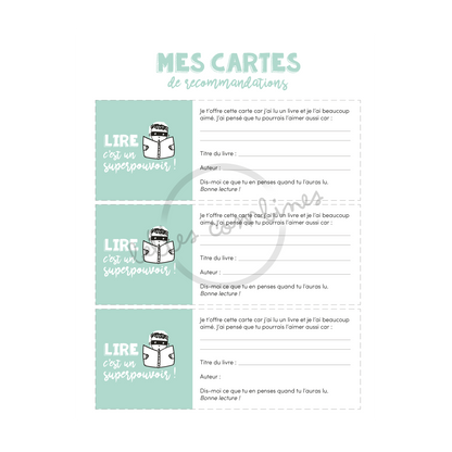 Version française des cartes de recommandations du cahier Lire, c&