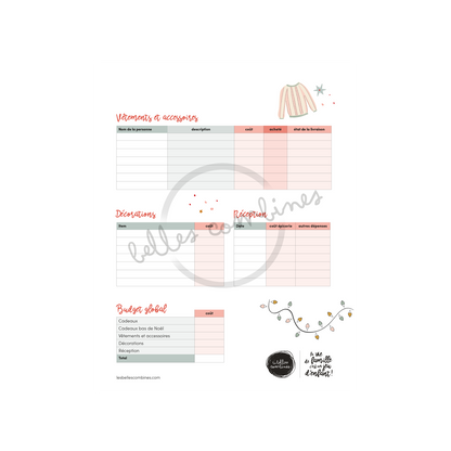 Version française de la section Vêtements et accessoires, décorations, réception et budget global de la petite combine Budget de Noël et suivi des achats Les Belles Combines