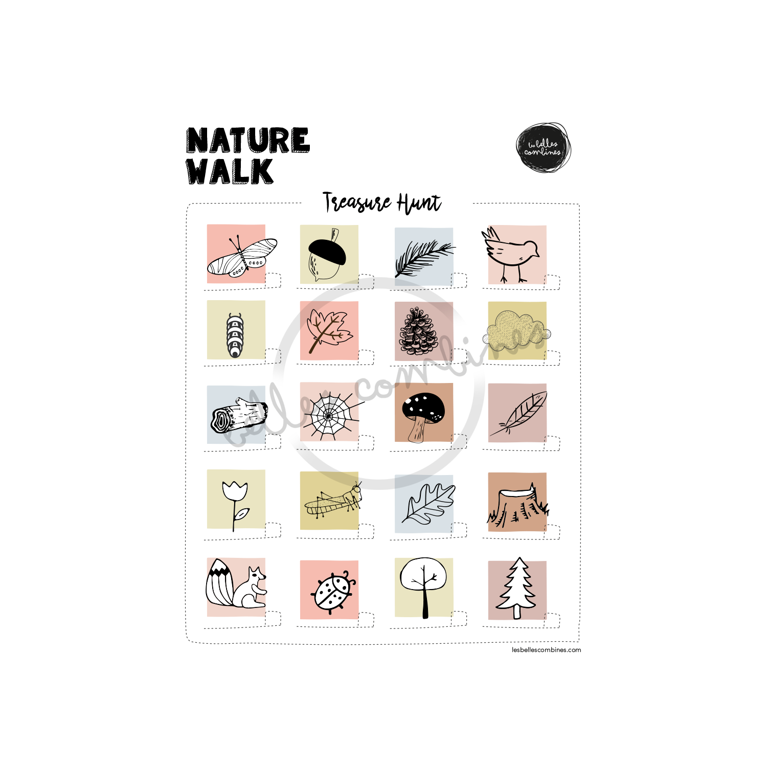 English version of the treasure hunt in nature document made by Les Belles Combines