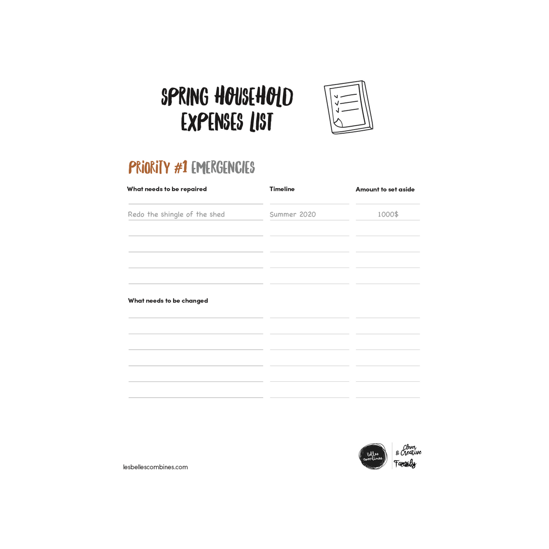 English version of the spring household expenses list document made by Les Belles Combines