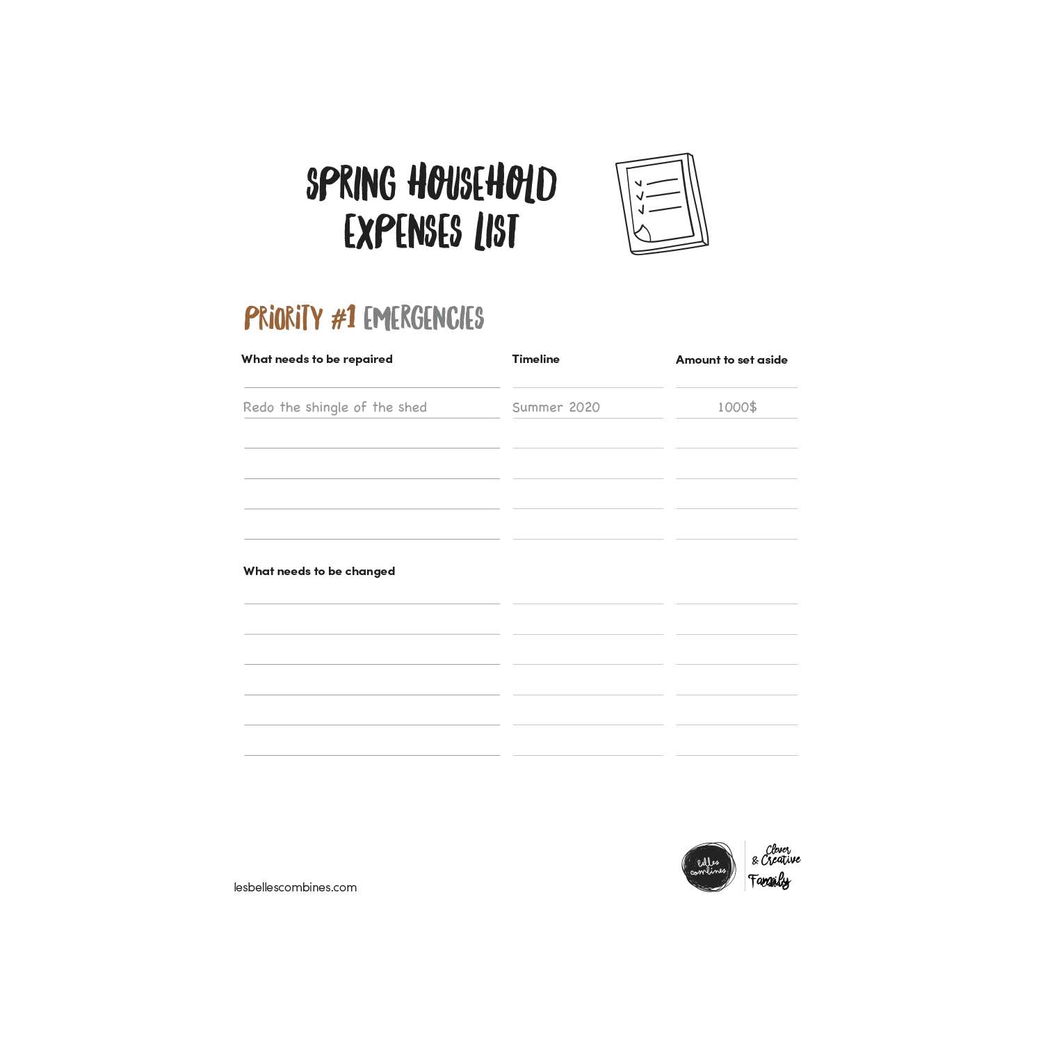 English version of the spring household expenses list document made by Les Belles Combines