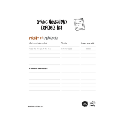 English version of the spring household expenses list document made by Les Belles Combines