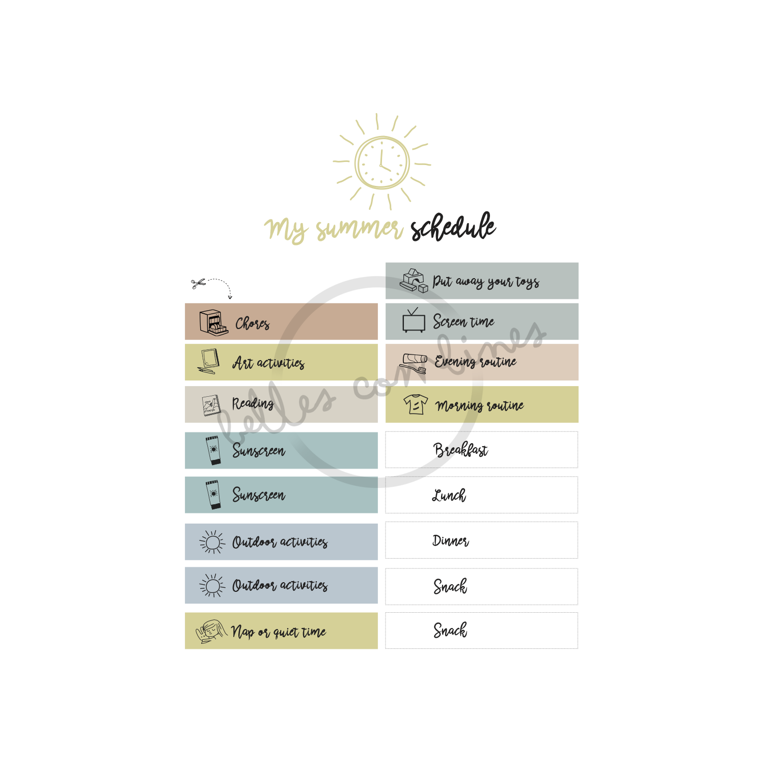 English version of the document to print My summer schedule made by Les Belles Combines