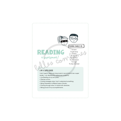 English version of the explanations of the Reading is my superpower book made by Les Belles Combines 