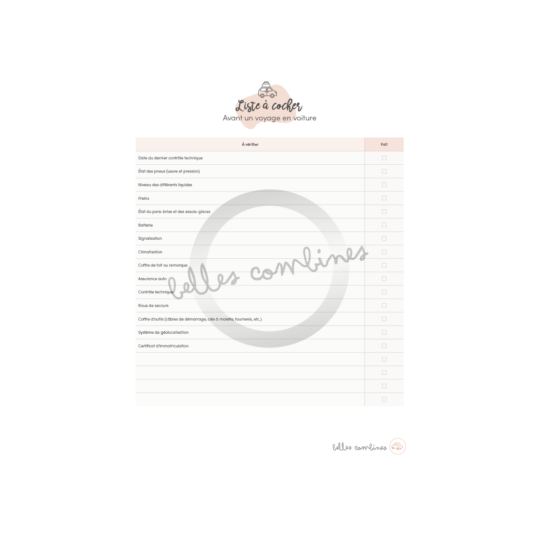 Liste à cocher avant un voyage en voiture