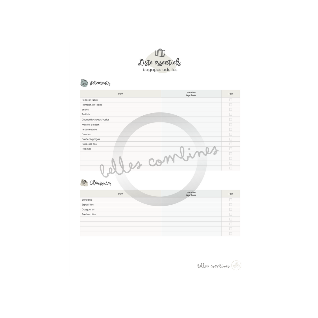 Liste de bagages pour adultes