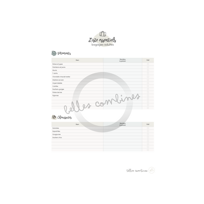 Liste de bagages pour adultes