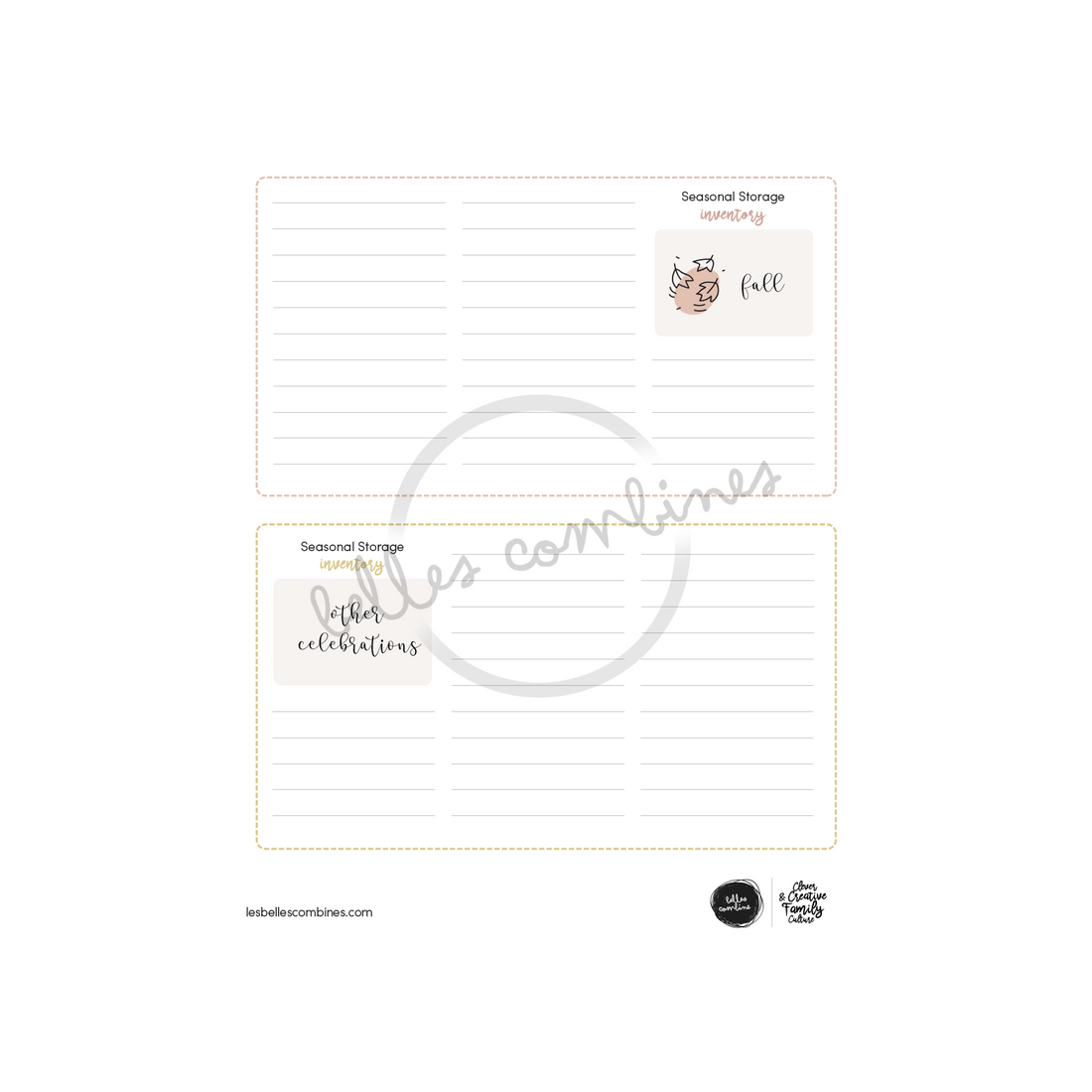 English version of the seasonal storage inventory document to print made by Les Belles Combines