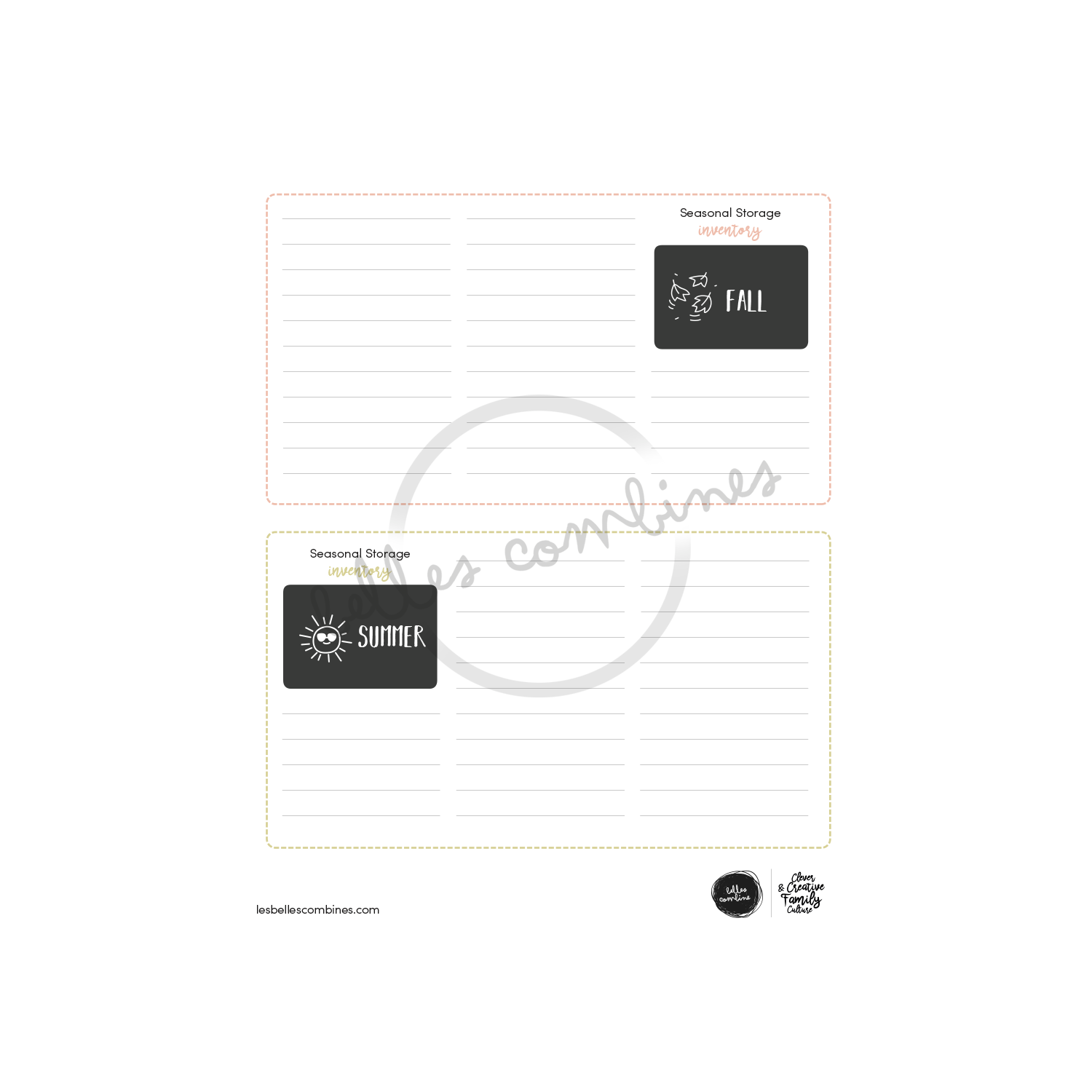 English version of the seasonal storage inventory document to print made by Les Belles Combines