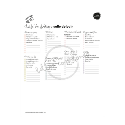 Version française de la liste de stockage pour la salle de bain à imprimer Les Belles Combines