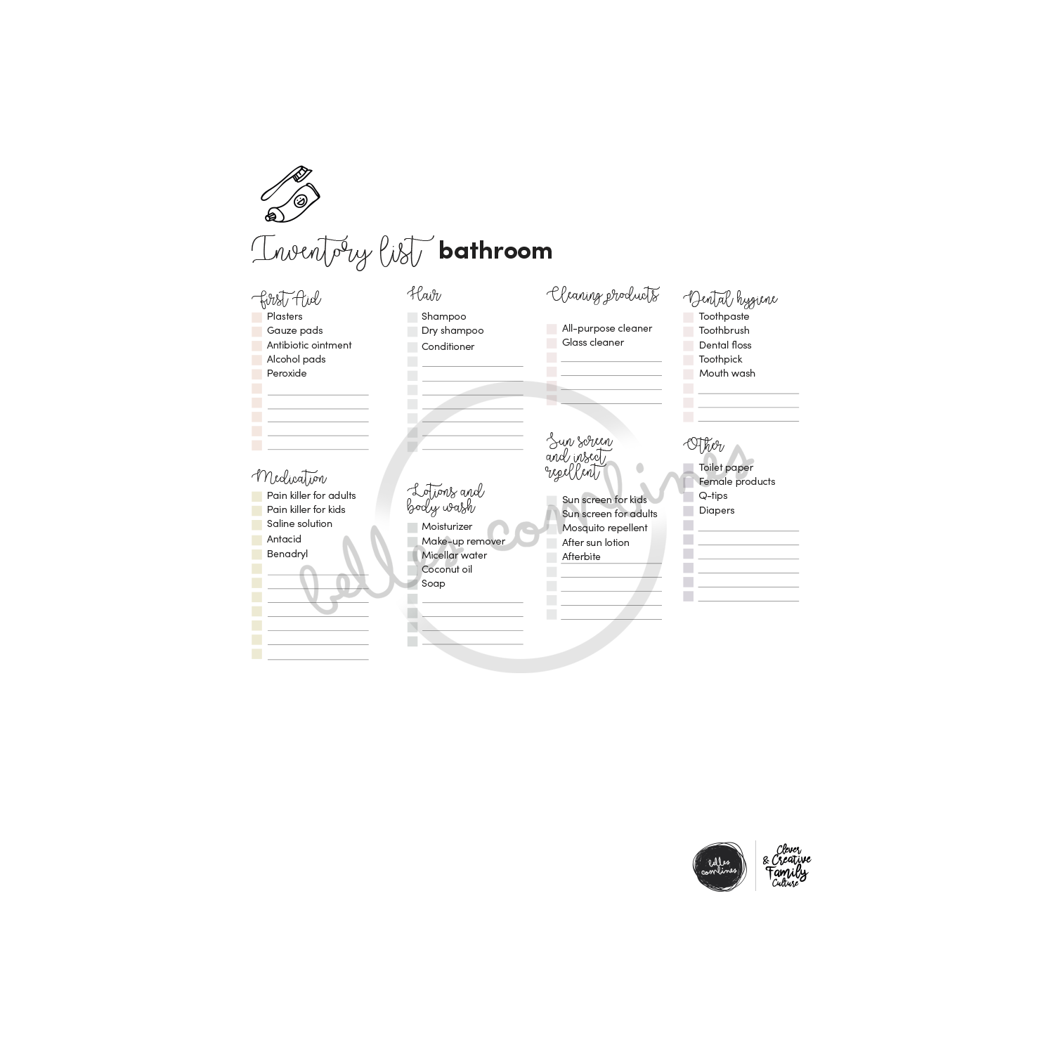 English version of the inventory list for the bathroom to print by Les Belles Combines