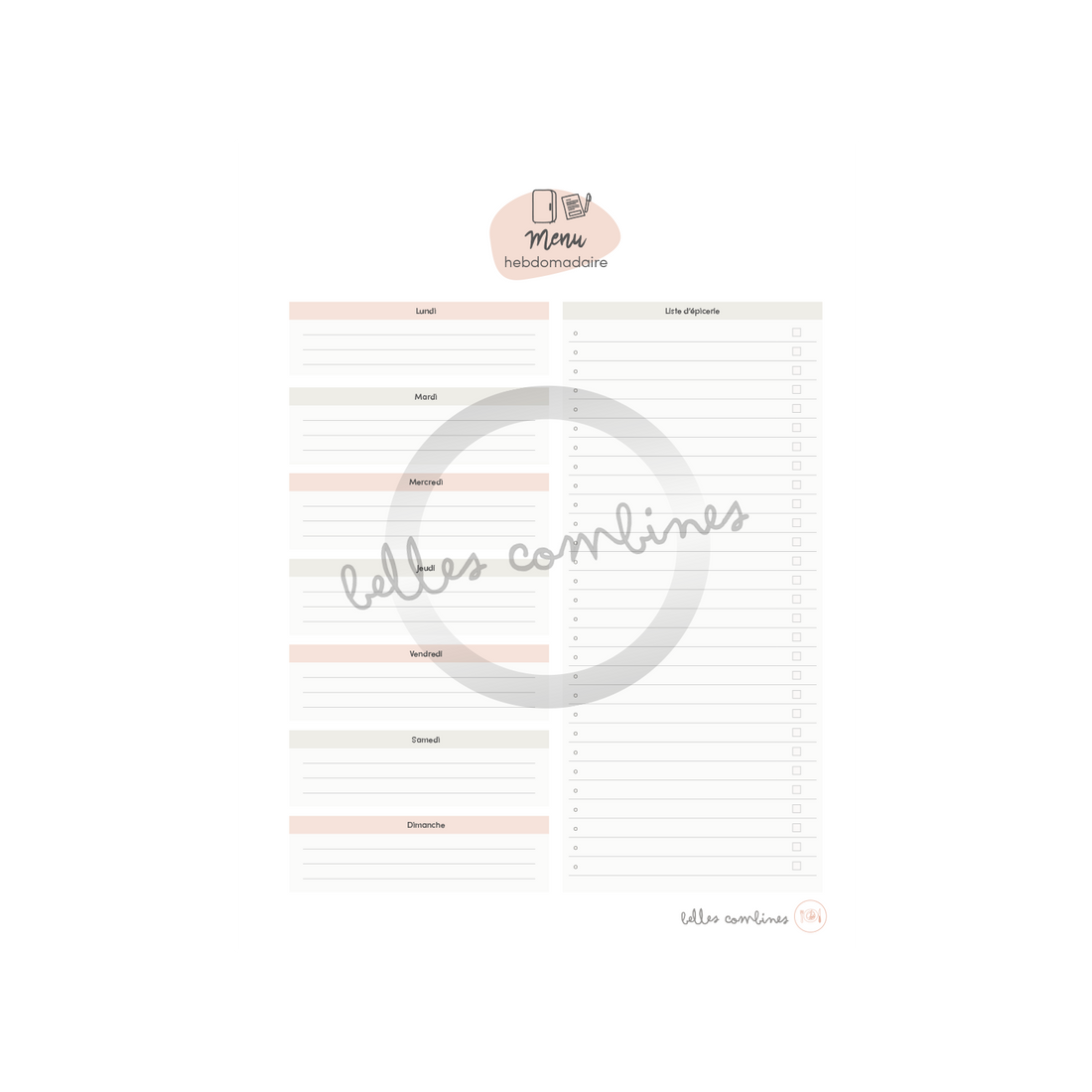 Weekly menu with grocery list