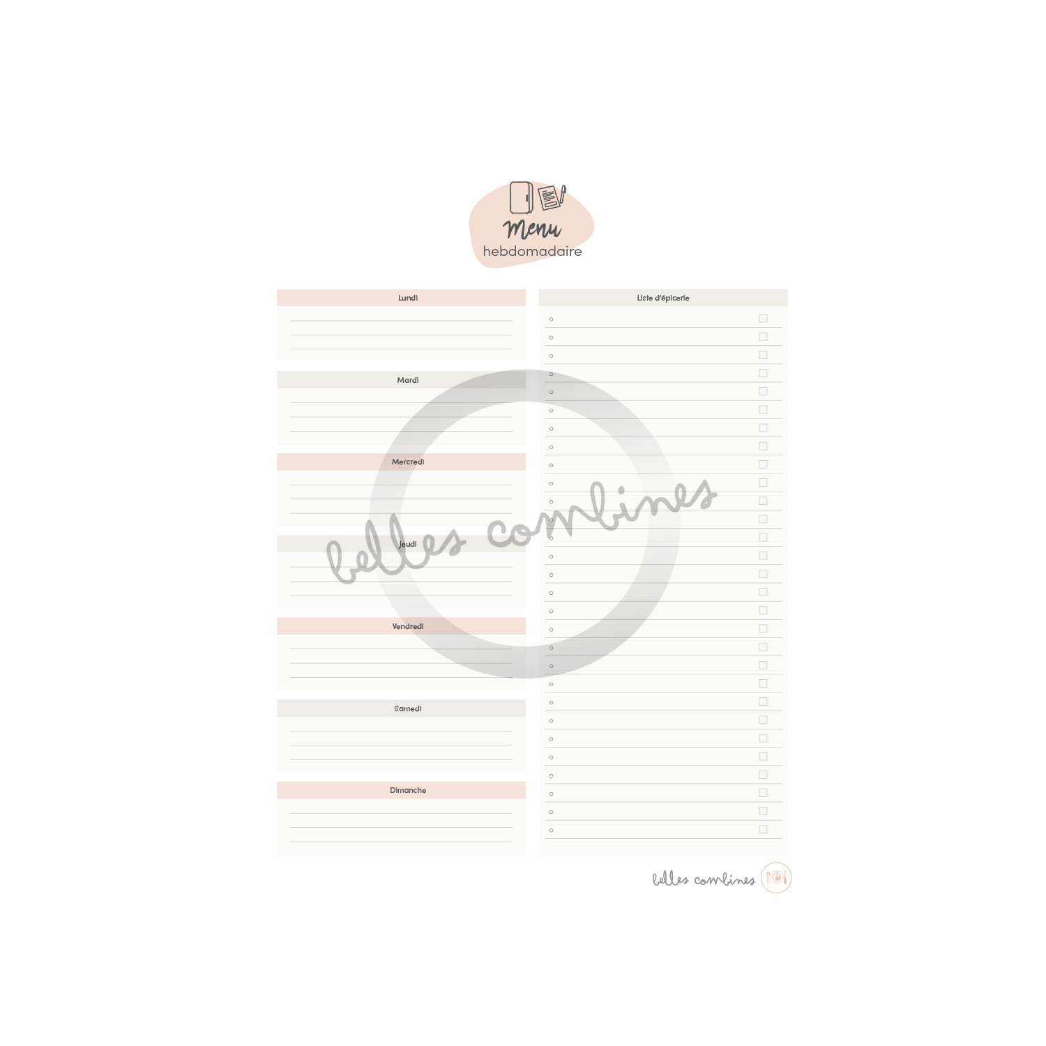 Menu hebdomadaire avec liste d&