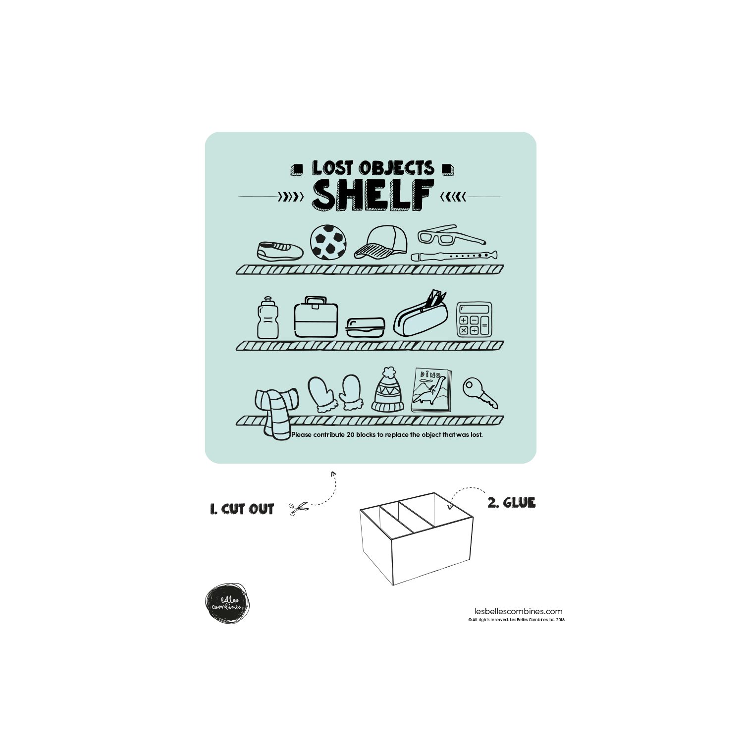 English version of the lost objects shelf for the general store Les Belles Combines