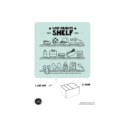 English version of the lost objects shelf for the general store Les Belles Combines