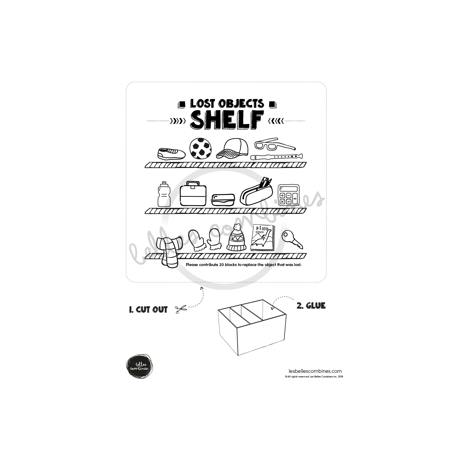 English version of the lost objects shelf for the general store Les Belles Combines