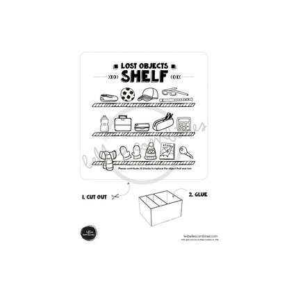 English version of the lost objects shelf for the general store Les Belles Combines