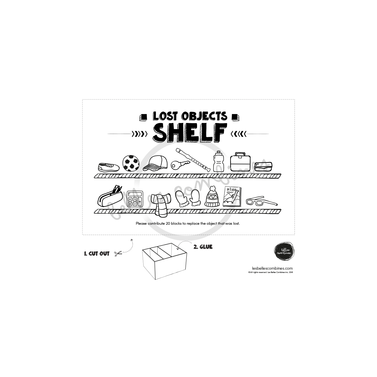 English version of the lost objects shelf for the general store Les Belles Combines