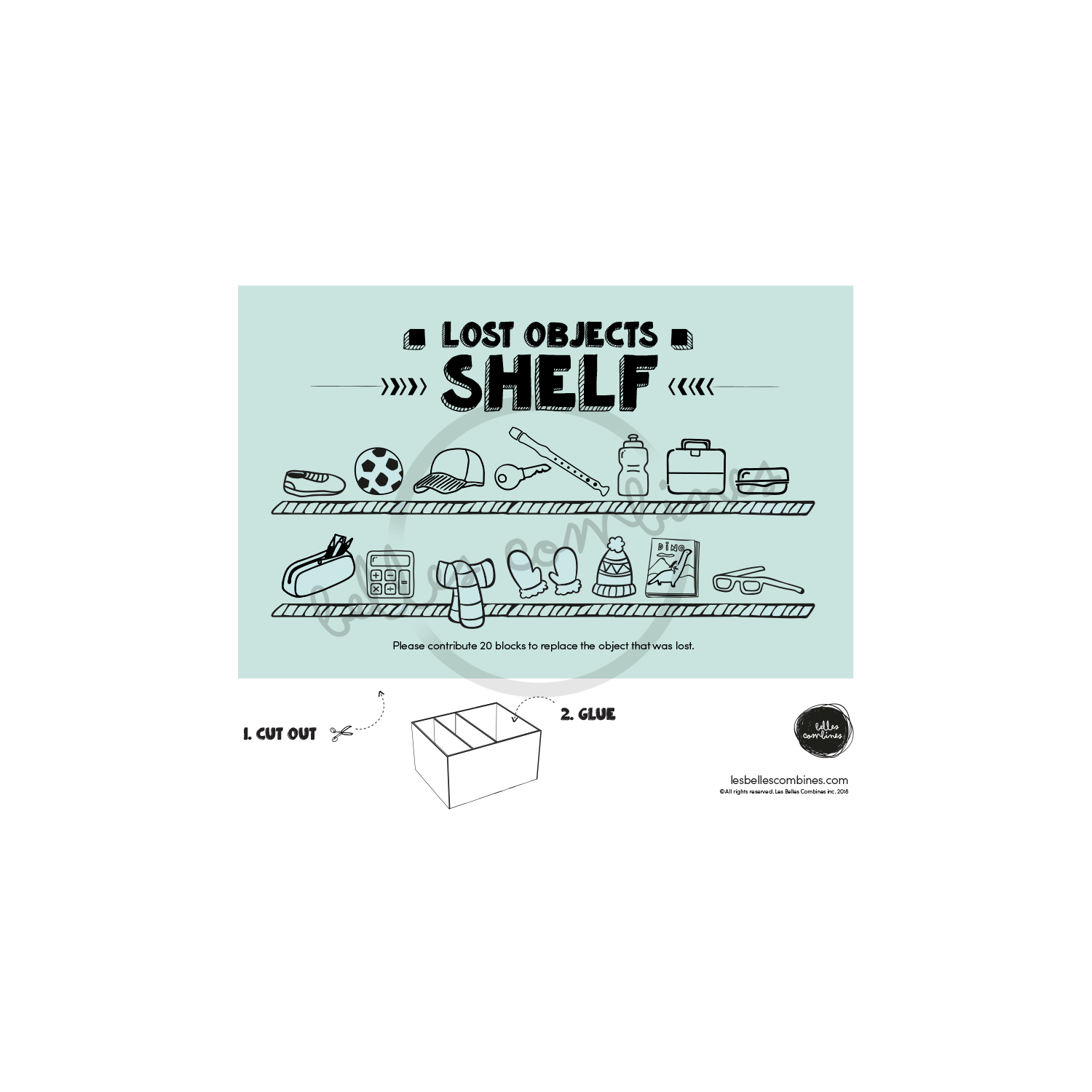 English version of the lost objects shelf for the general store Les Belles Combines