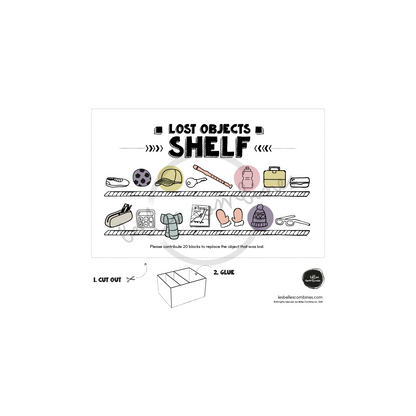 English version of the lost objects shelf for the general store Les Belles Combines