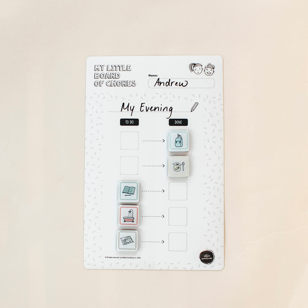 English version of the magnetic little board of chores use to illustrate the evening routine with magnets Les Belles Combines