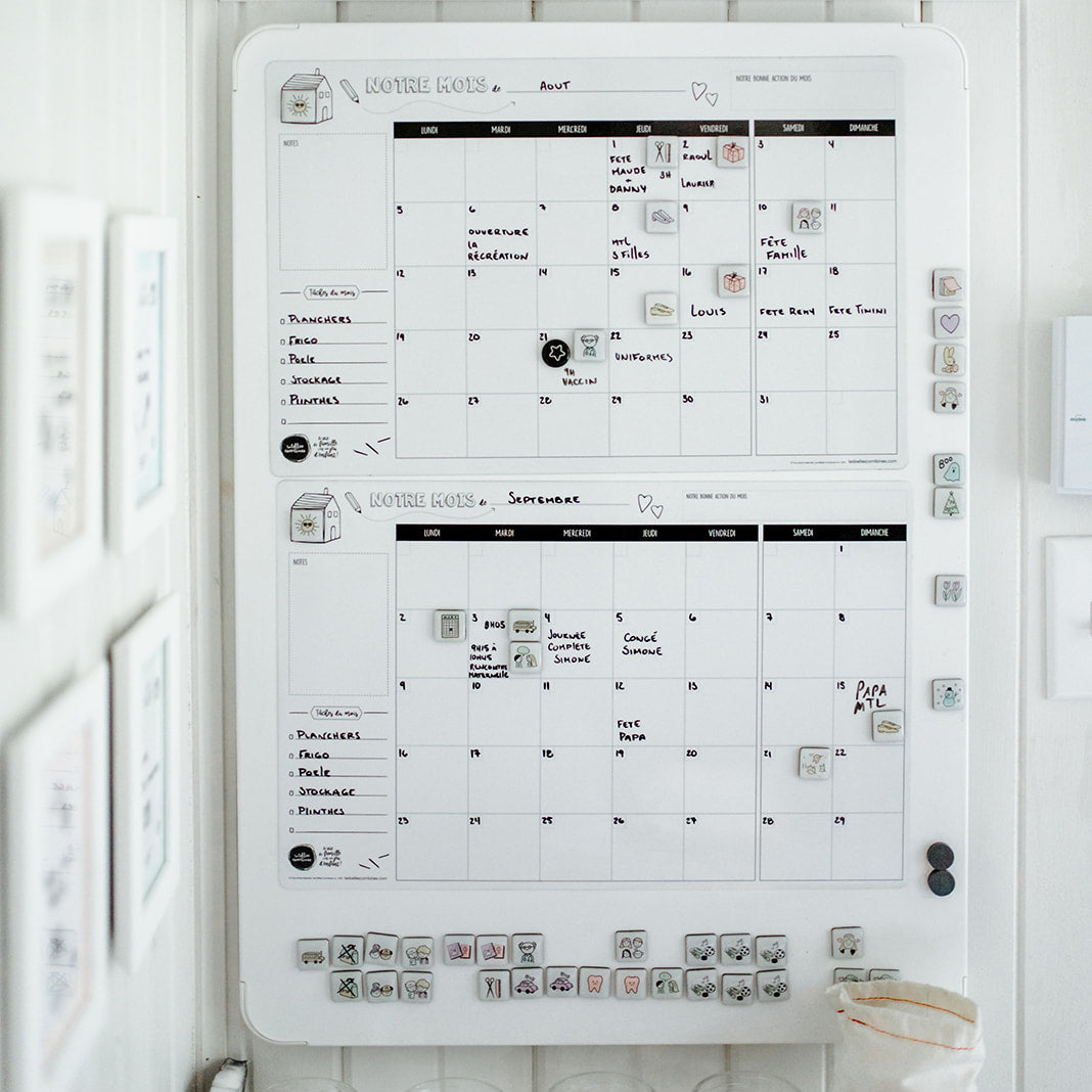 Aperçu du planificateur mensuel familial aimanté rempli avec magnétos pour Les Belles Combines