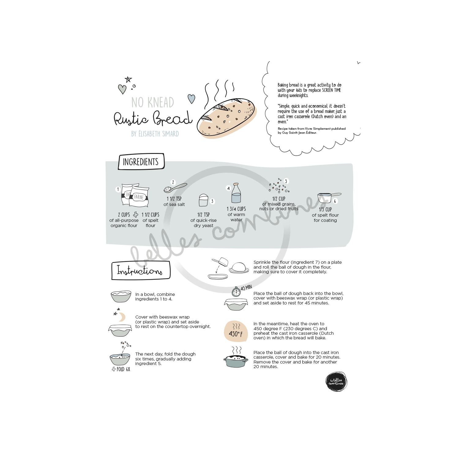 English version of the no knead rustic bread recipe to print made by Les Belles Combines