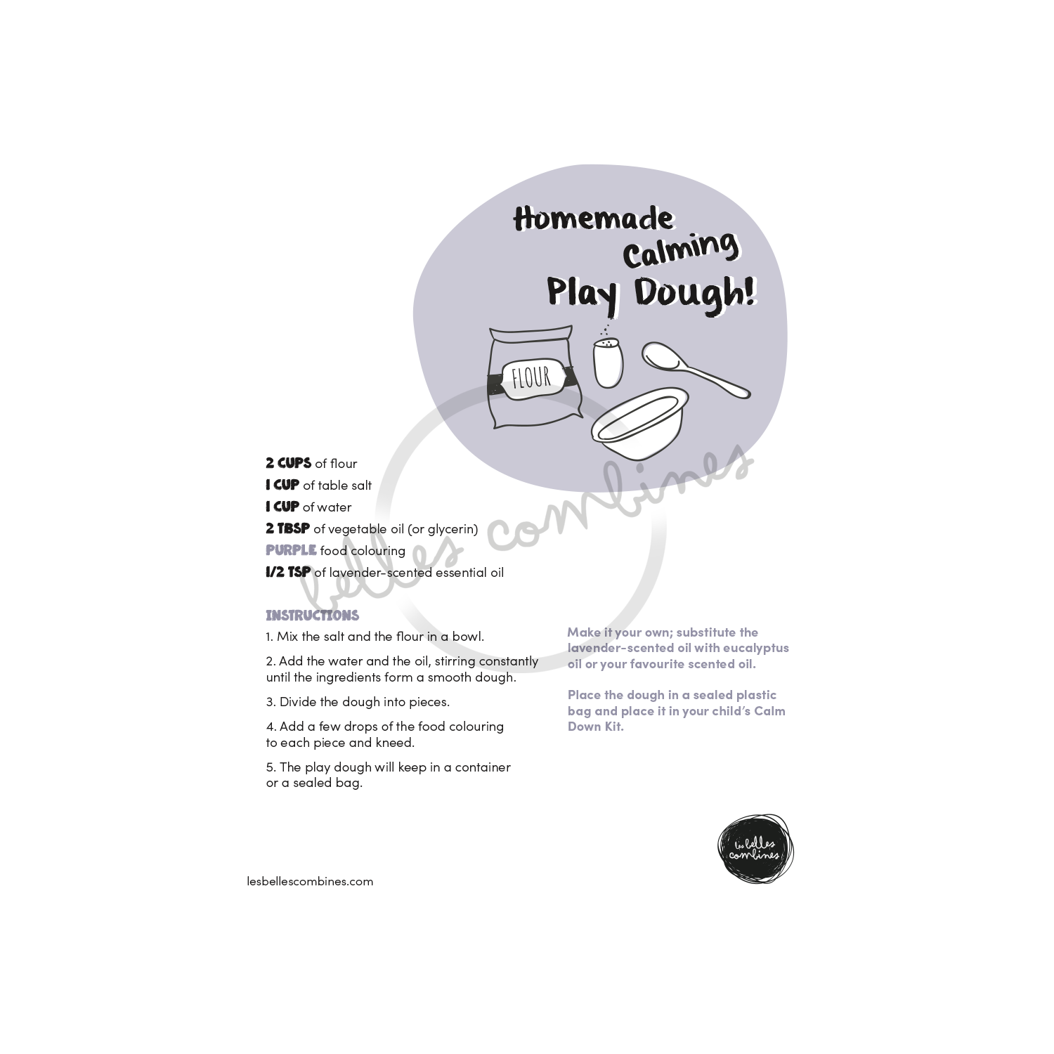 English version of the homemade calming play dough recipe to print made by Les Belles Combines