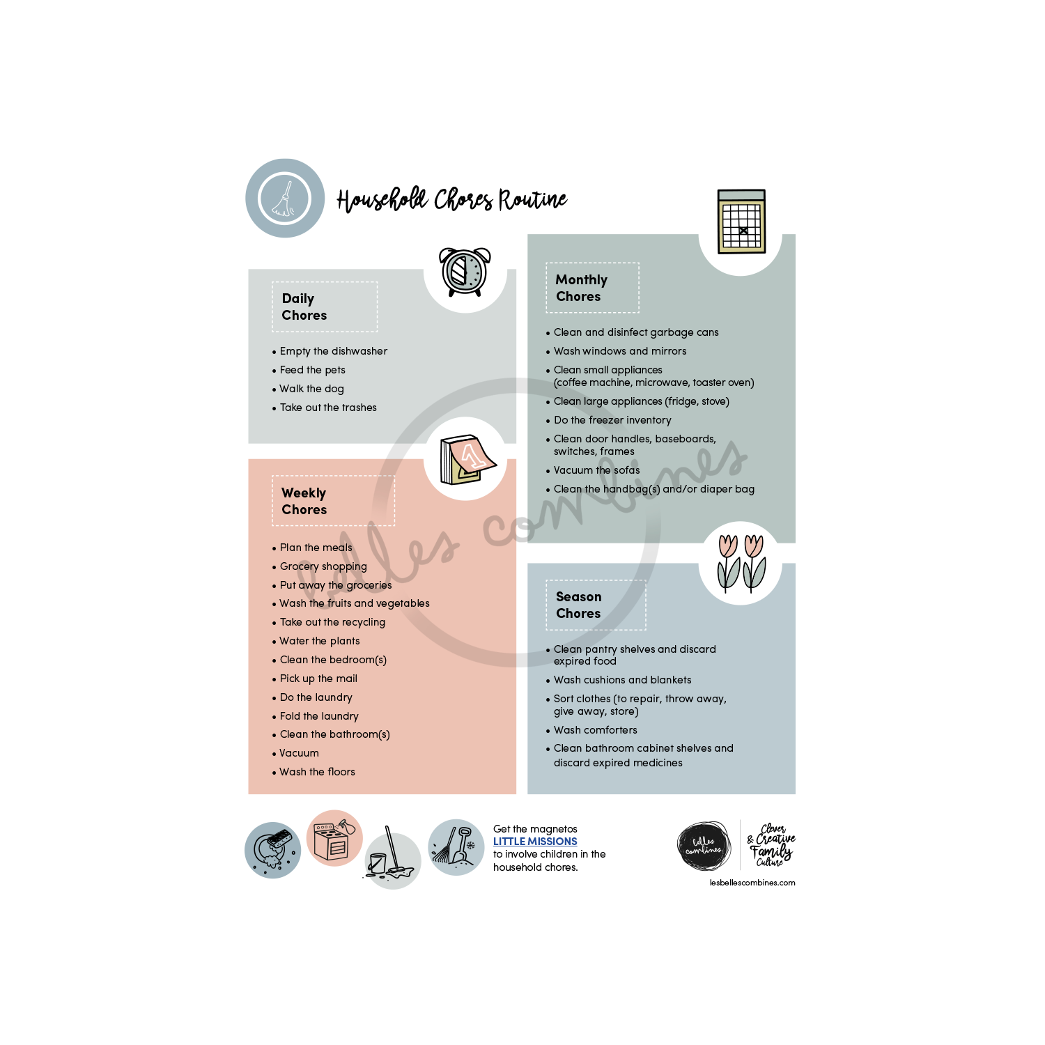 English version of the household chores routine to print made by Les Belles Combines