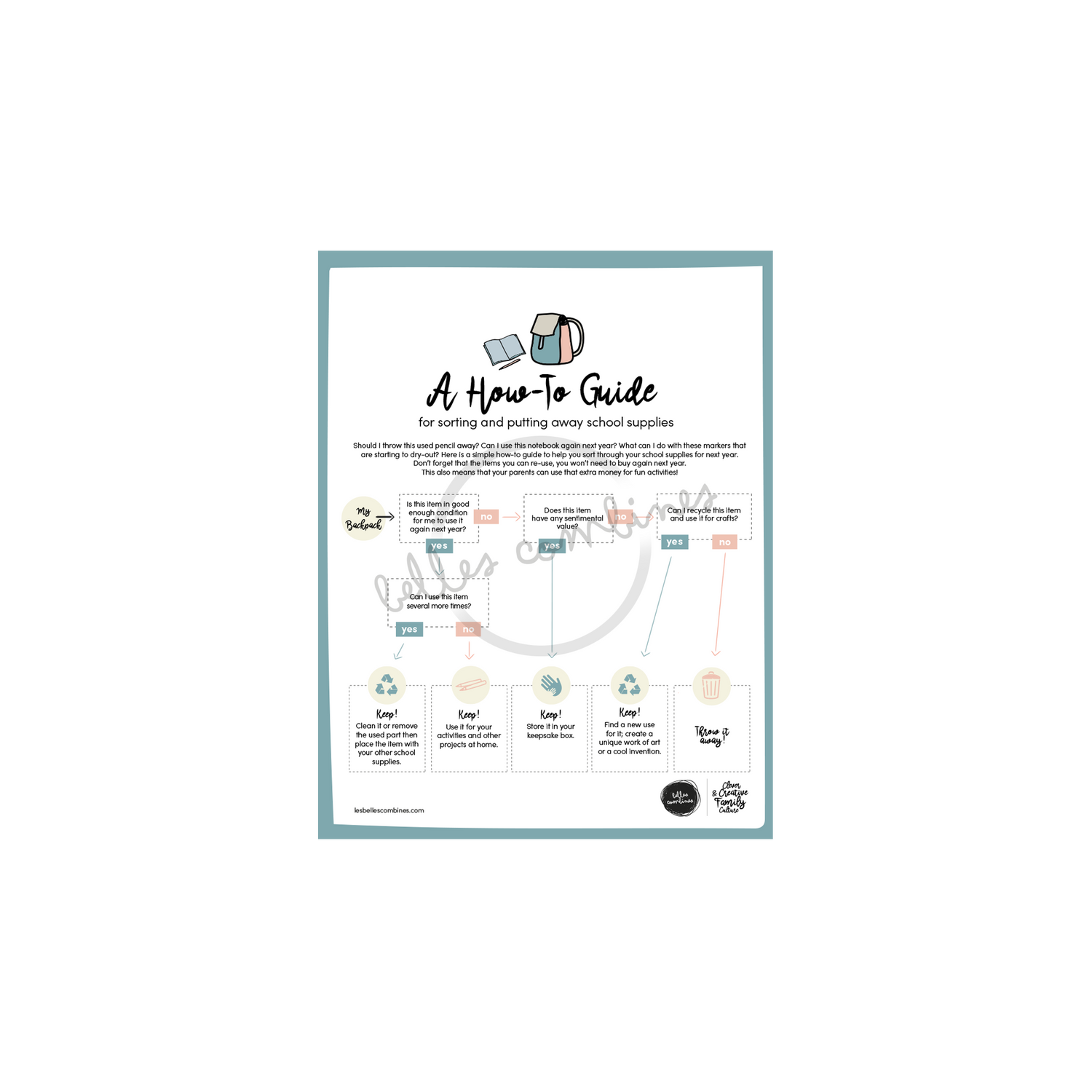 English version of the document to print A how-to guide for sorting and putting away school supplies made by Les Belles Combines