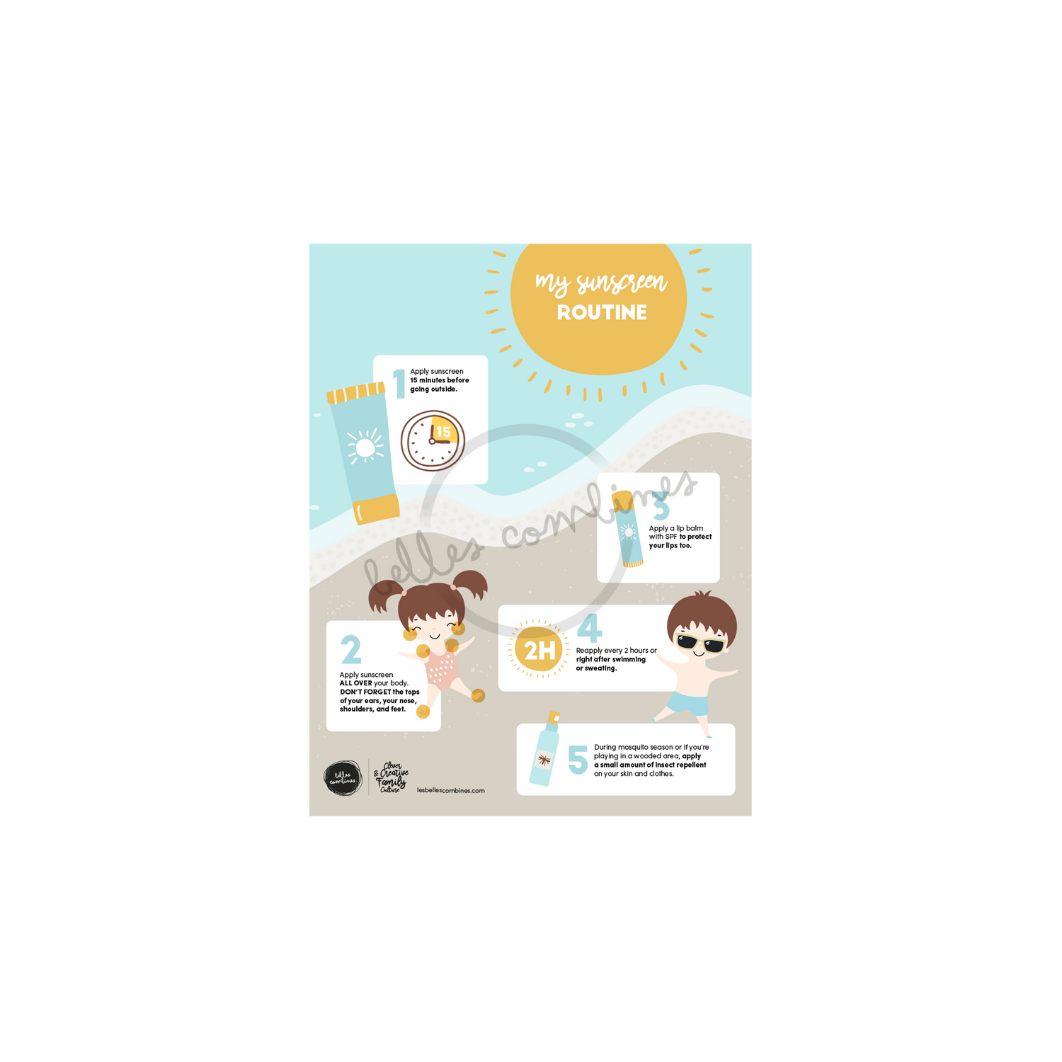English version of the My sunscreen routine document to print made by Les Belles Combines