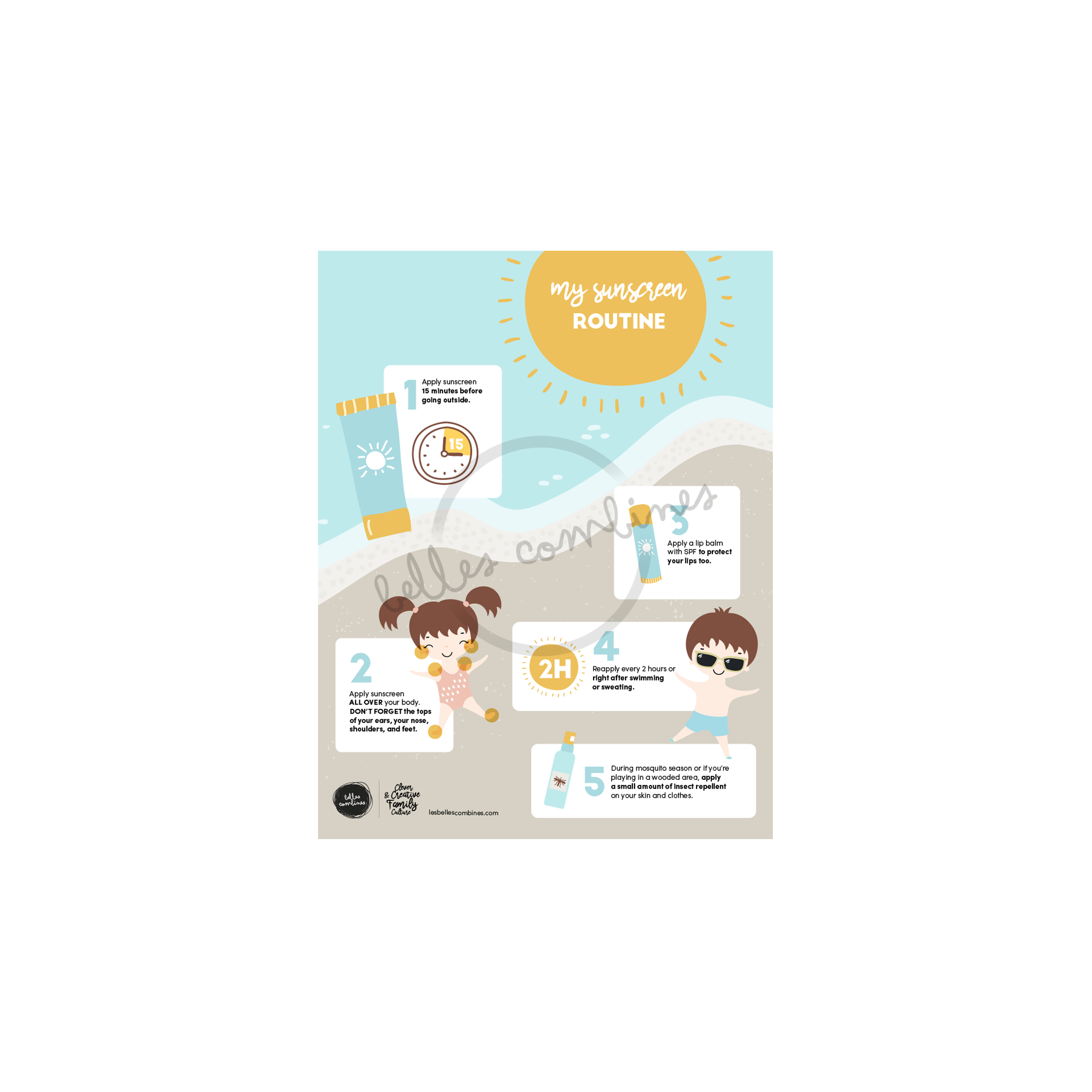 English version of the My sunscreen routine document to print made by Les Belles Combines