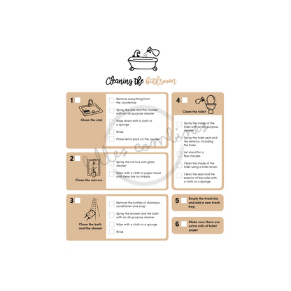 English version of the visual aid for cleaning the bathroom by Les Belles Combines