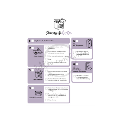 English version of the visual aid for cleaning the kitchen by Les Belles Combines